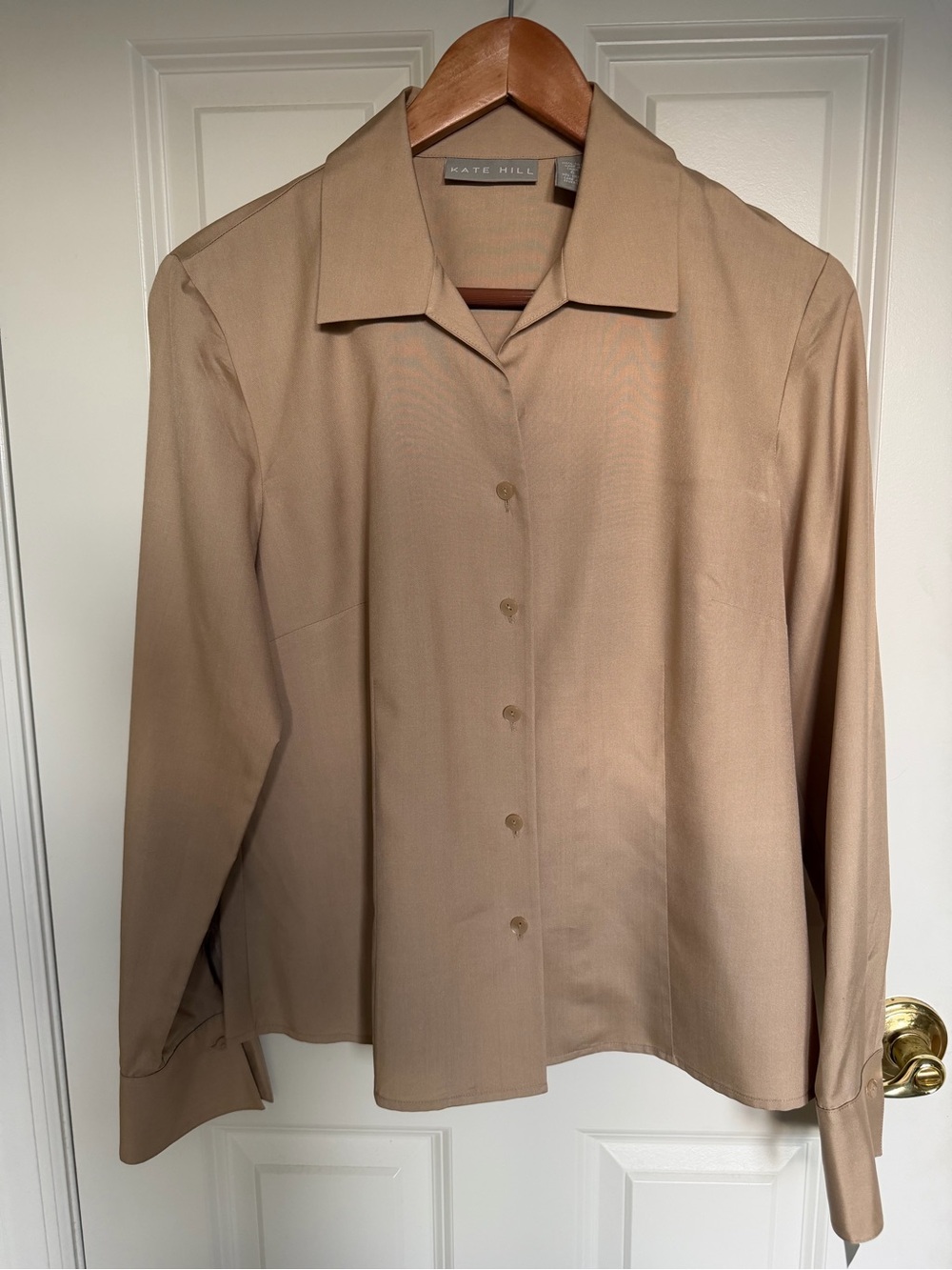 Kate Hill Khaki Chic Button-Down Blouse 100% Silk